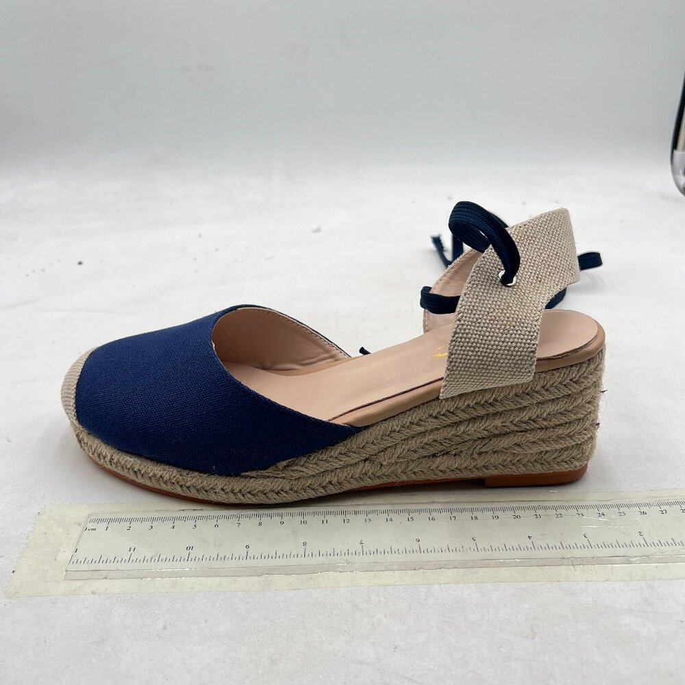 XYD Blue Round Toe Ankle Strappy Espadrilles Wedge Sandals Slingback Shoes - Picture 2 of 8